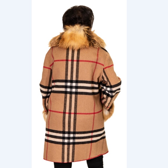 SOLD OUT* SALE Wool Plaid Coat with Red Fox Fur - Picture 2 of 2